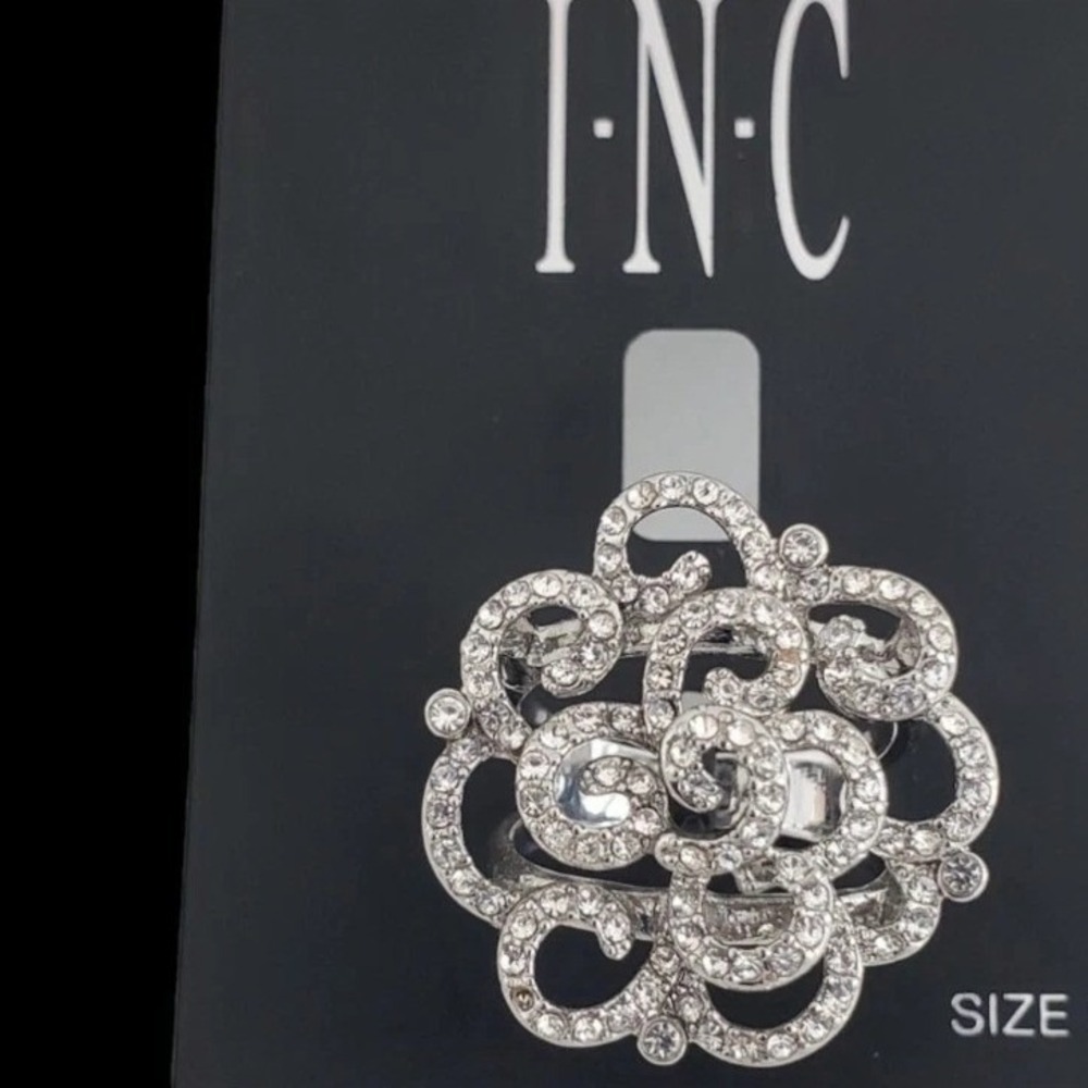 INC Women's Silver-Tone Faux Crystal Pave Rose Statement Ring Sz 7 New with Tag